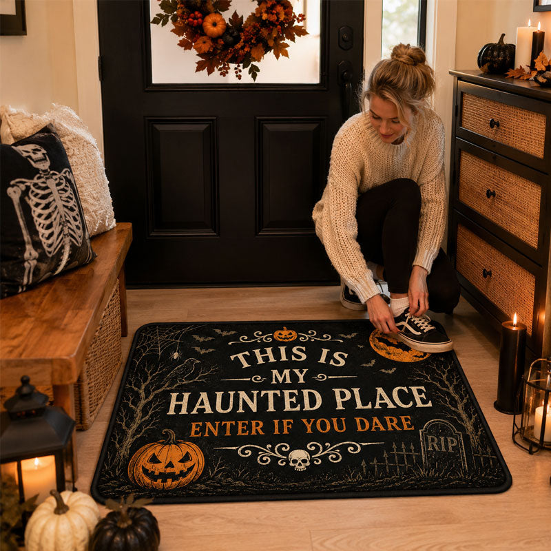 🎃Vintage Halloween Haunted Place Doormat – Spooky Front Door Welcome Mat