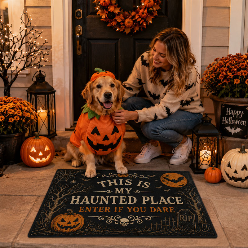 🎃Vintage Halloween Haunted Place Doormat – Spooky Front Door Welcome Mat