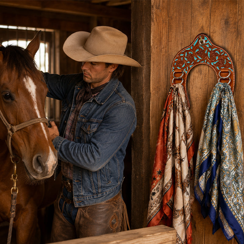 🤠Handcrafted Leather Horseshoe Wild Rag Holder | Western Scarf & Bandana Organizer