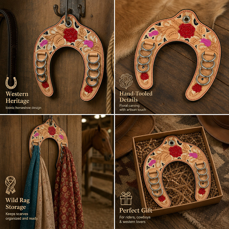 🤠Handcrafted Leather Horseshoe Wild Rag Holder | Western Scarf & Bandana Organizer