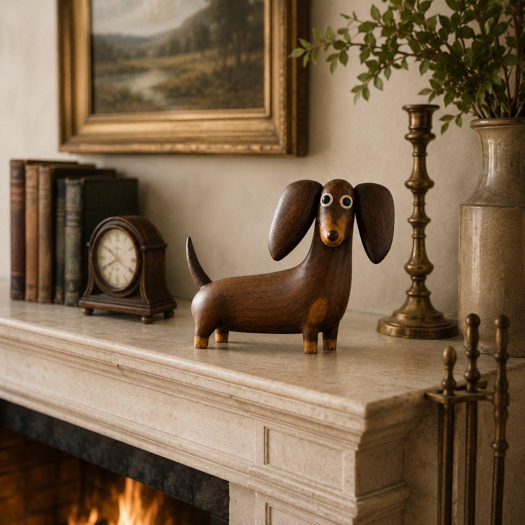 🐶 Wood‑Look Dachshund Sculpture ✨ Warm Walnut‑Tone Tabletop Decor Statue