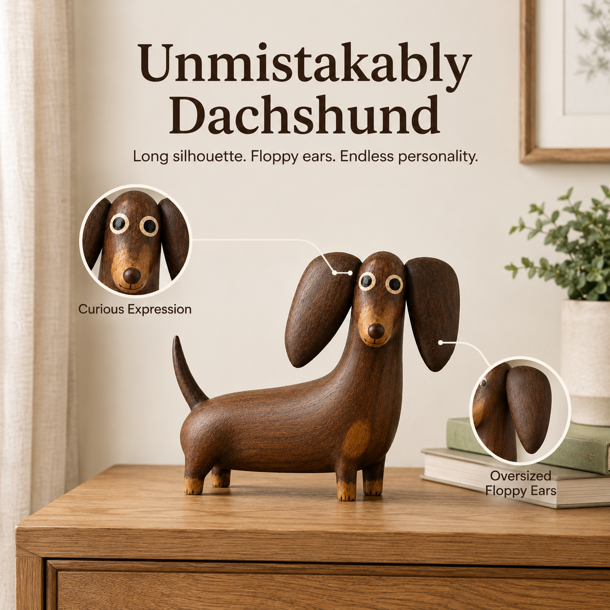 🐶 Wood‑Look Dachshund Sculpture ✨ Warm Walnut‑Tone Tabletop Decor Statue