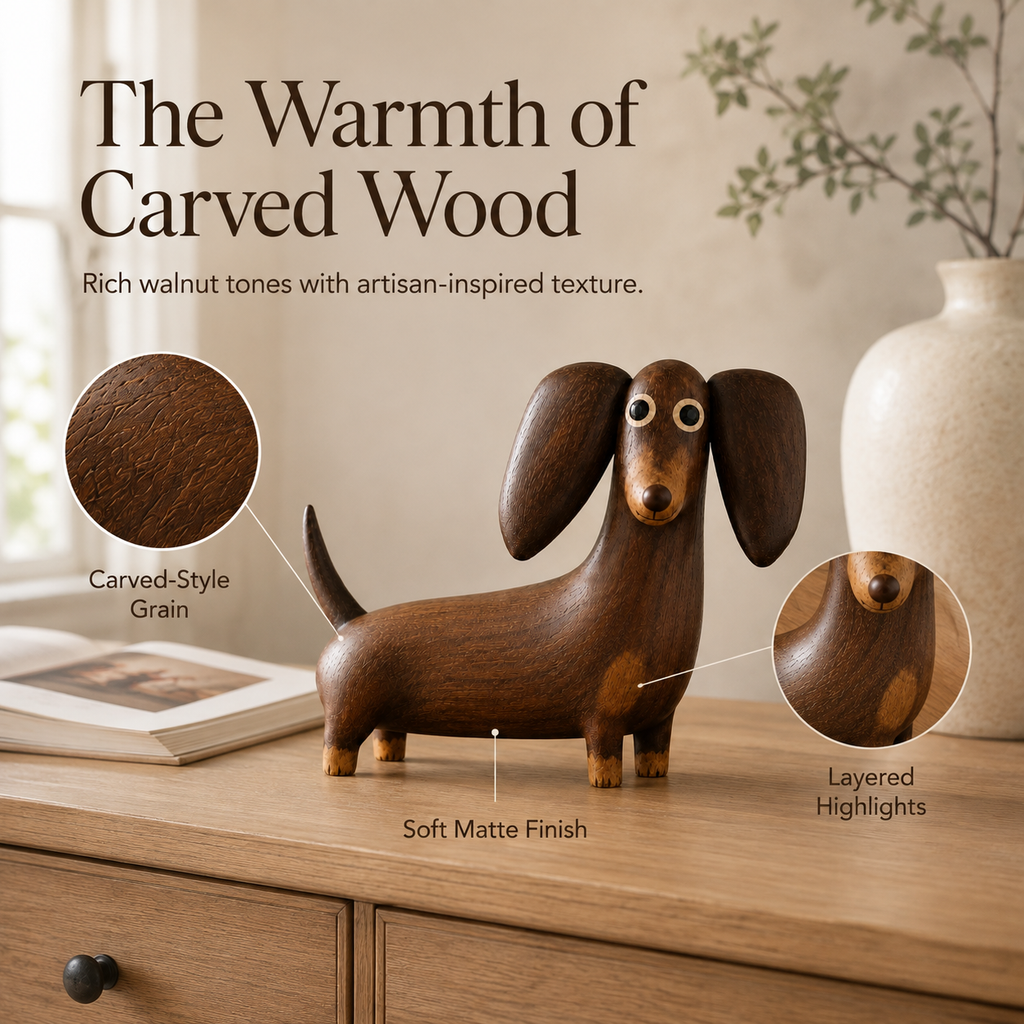 🐶 Wood‑Look Dachshund Sculpture ✨ Warm Walnut‑Tone Tabletop Decor Statue