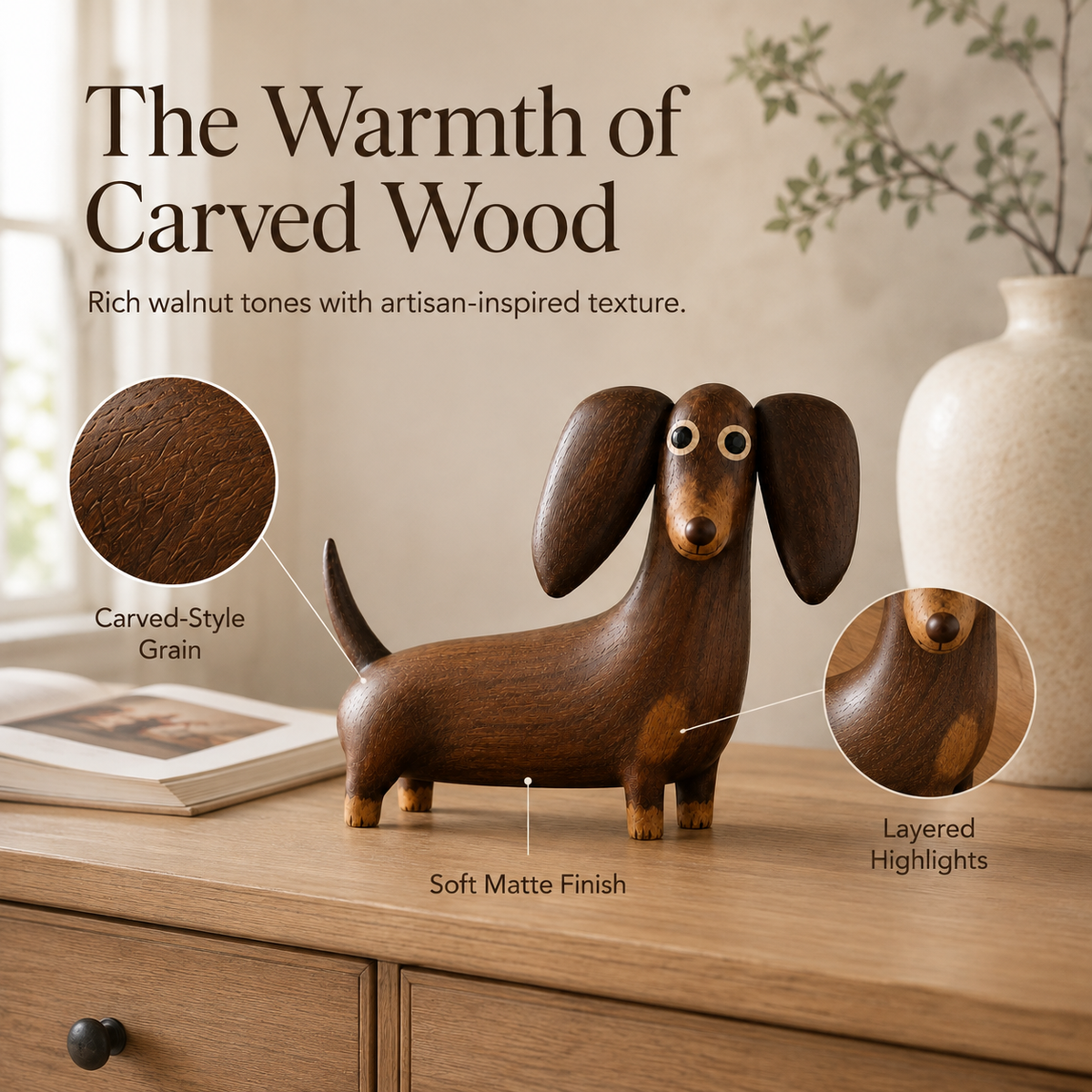 🐶 Wood‑Look Dachshund Sculpture ✨ Warm Walnut‑Tone Tabletop Decor Statue