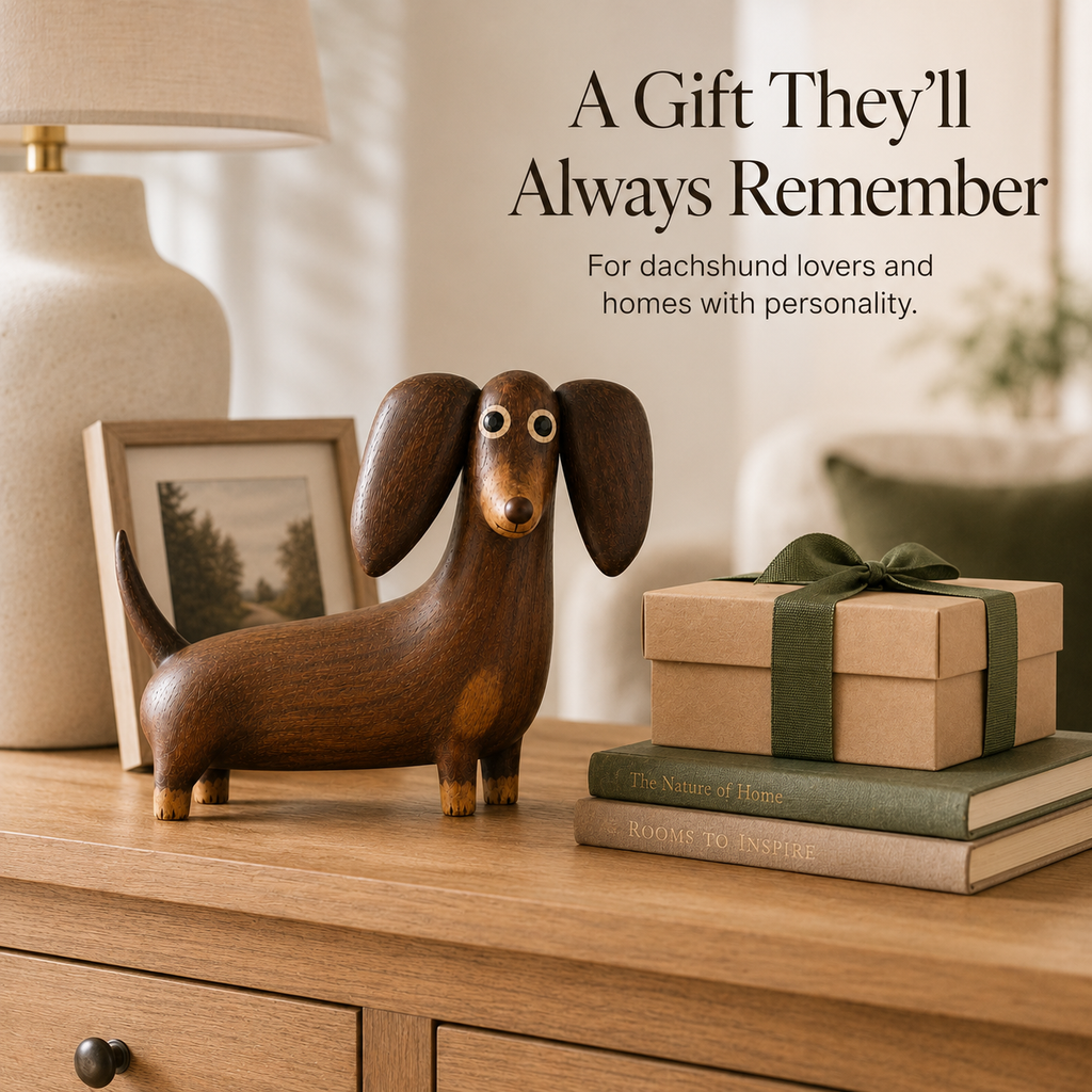 🐶 Wood‑Look Dachshund Sculpture ✨ Warm Walnut‑Tone Tabletop Decor Statue